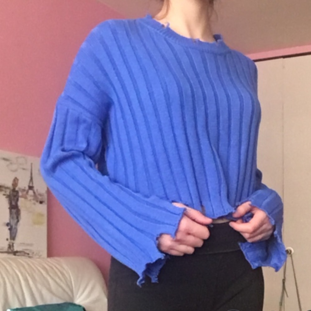Blue Knit Shredded Grunge-Like Sweater - Picture 2 of 5